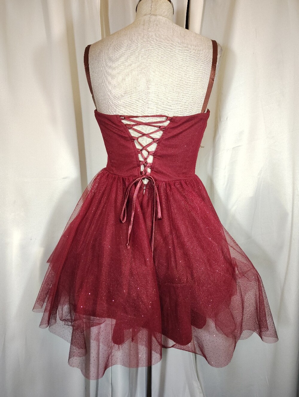 Masquerade Strapless Formal, Sparkles, Short burgundy Corset LaceUp Back, Lace,5 - Picture 1 of 13